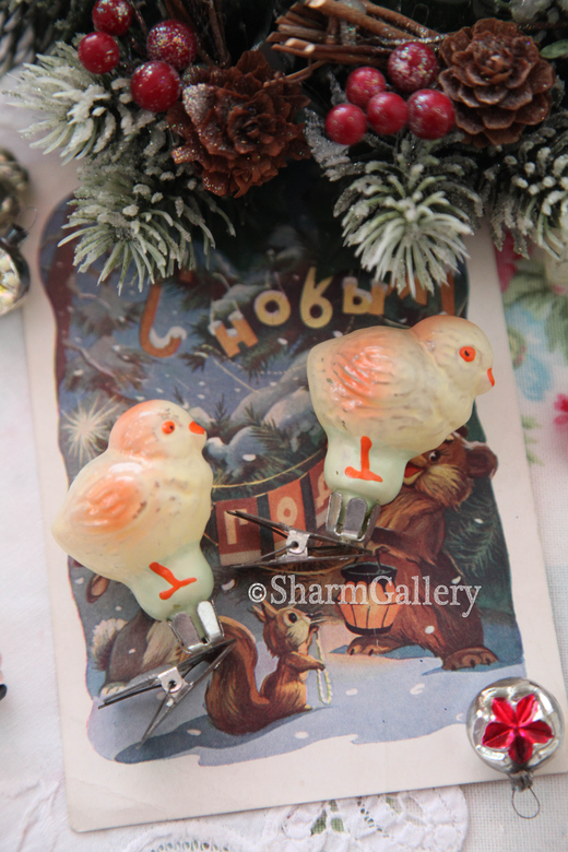 Набор елочных игрушек "Цыплята", 2шт., стекло на прищепке, СССР.