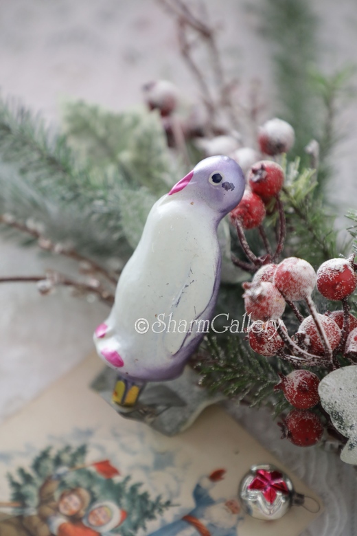 Пингвин. №8. Елочная игрушка, стекло на прищепке, СССР.