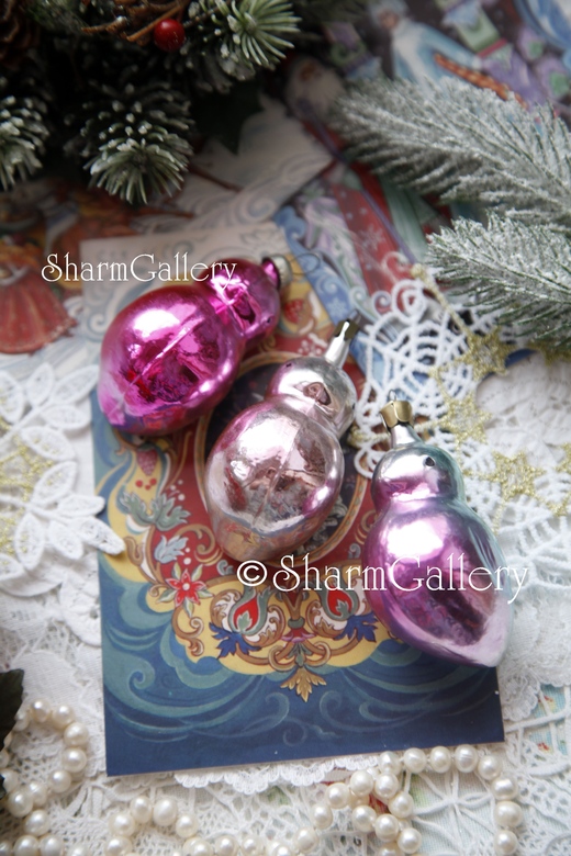 Набор "Снегири" №3. Елочная игрушка, 3шт., стекло, СССР.