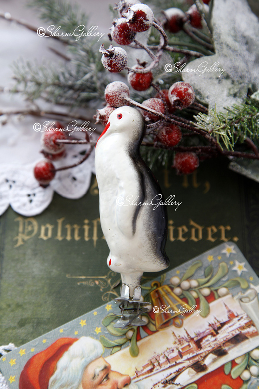 Пингвин. Елочная игрушка, стекло на прищепке, СССР.