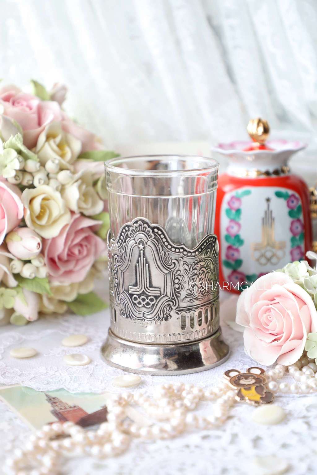 Подстаканник Олимпиада 80. Мельхиор, Кольчугино + граненый стакан.