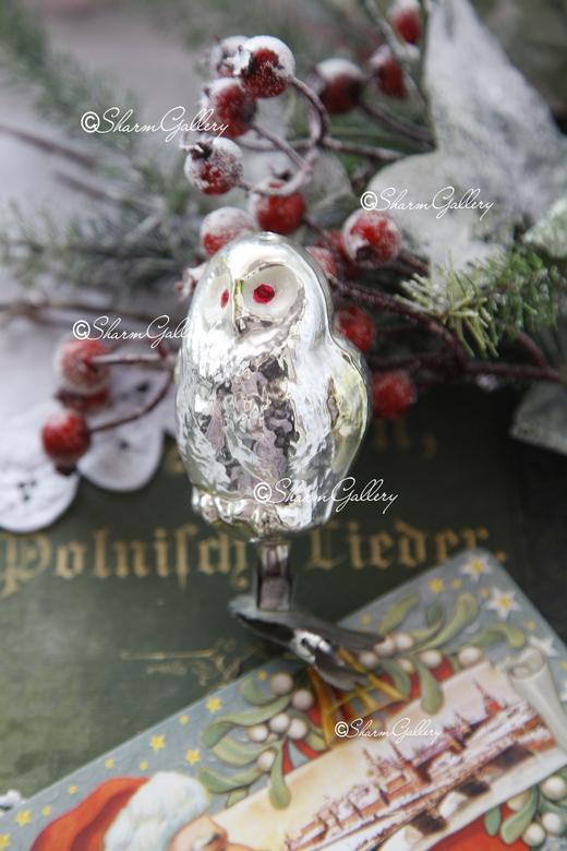 Сова. №7. Елочная игрушка, стекло на прищепке, СССР.