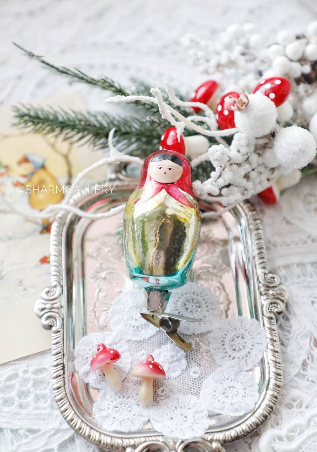 Матрешка. №15. Елочная игрушка, стекло на прищепке. СССР.