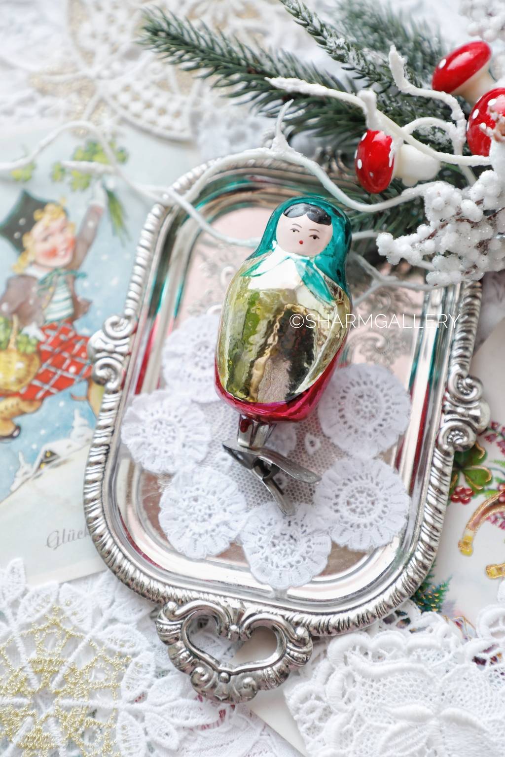 Матрешка. №17. Елочная игрушка, стекло на прищепке. СССР.