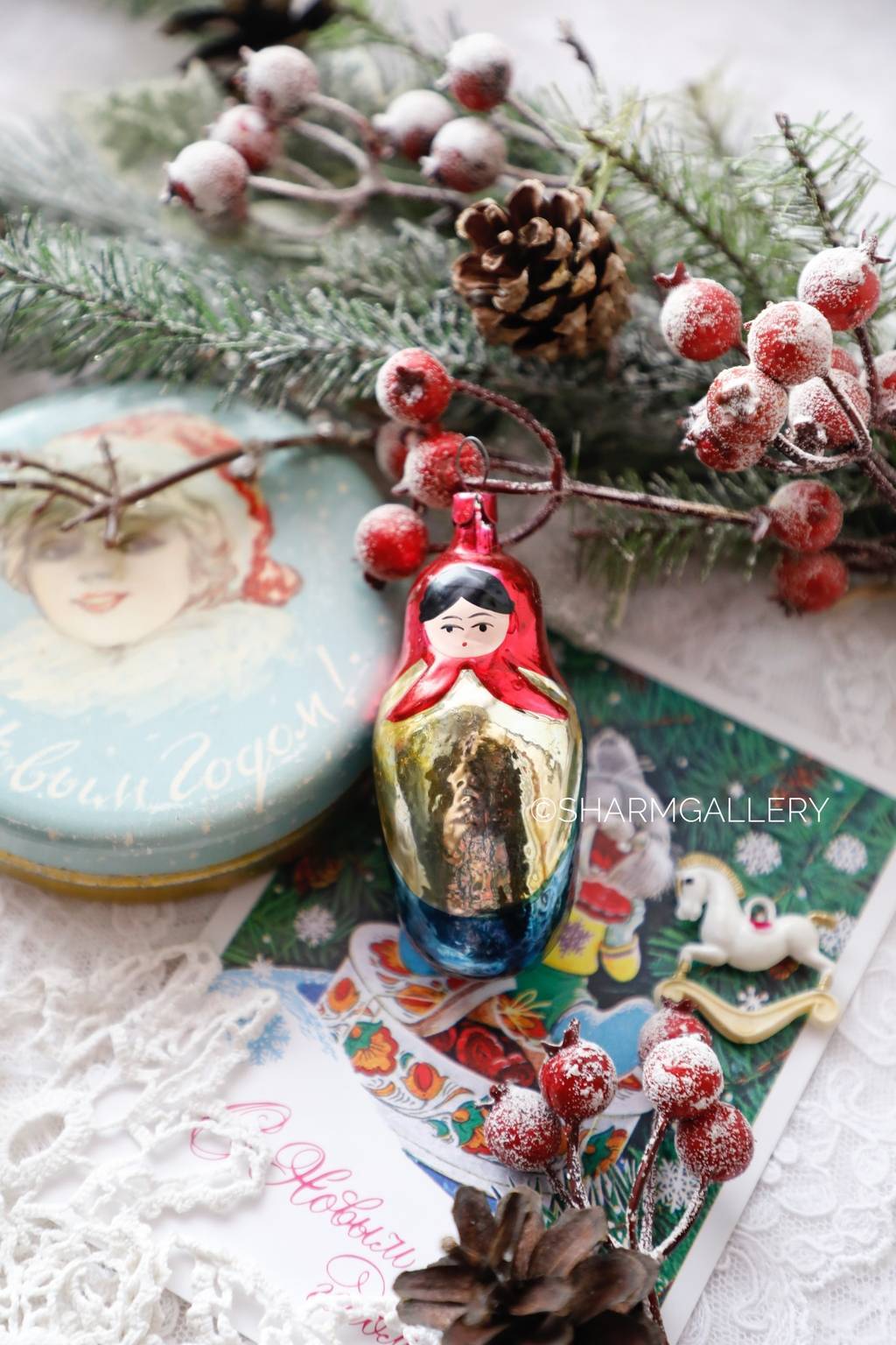 Матрешка. №11. Елочная игрушка, стекло на подвесе. СССР.