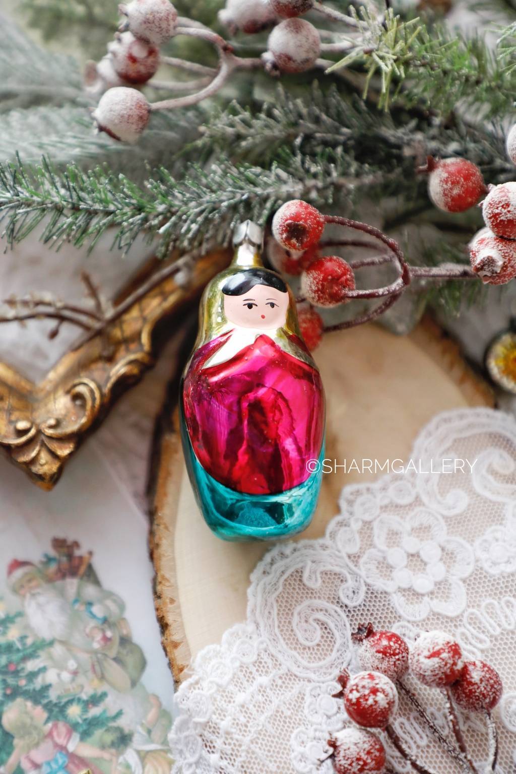 Матрешка. №5. Елочная игрушка, стекло на подвесе. СССР.