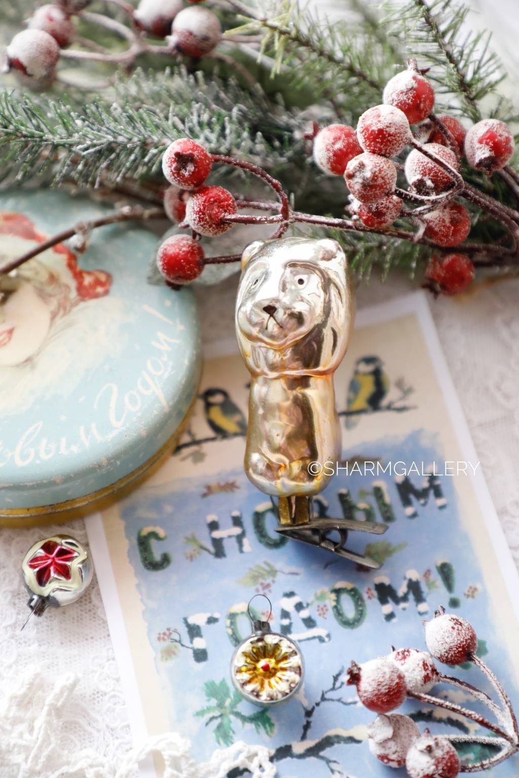 Лев. №2. Винтажная елочная игрушка, стекло на прищепке. СССР.