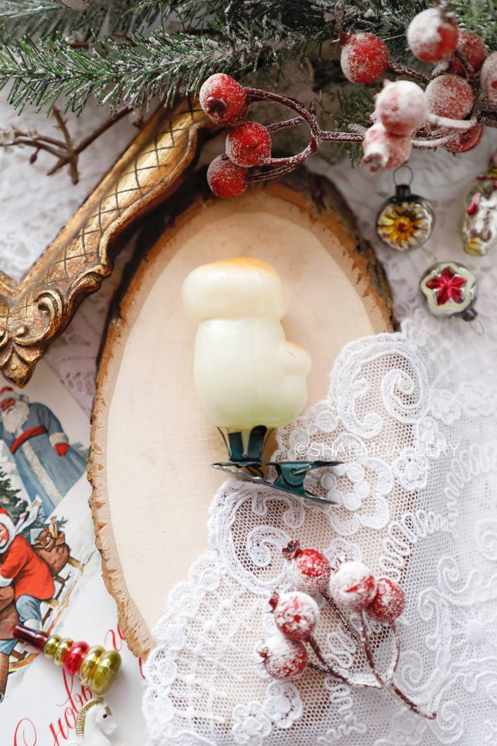 Грибочки. №4. Винтажная елочная игрушка, стекло на прищепке. СССР.