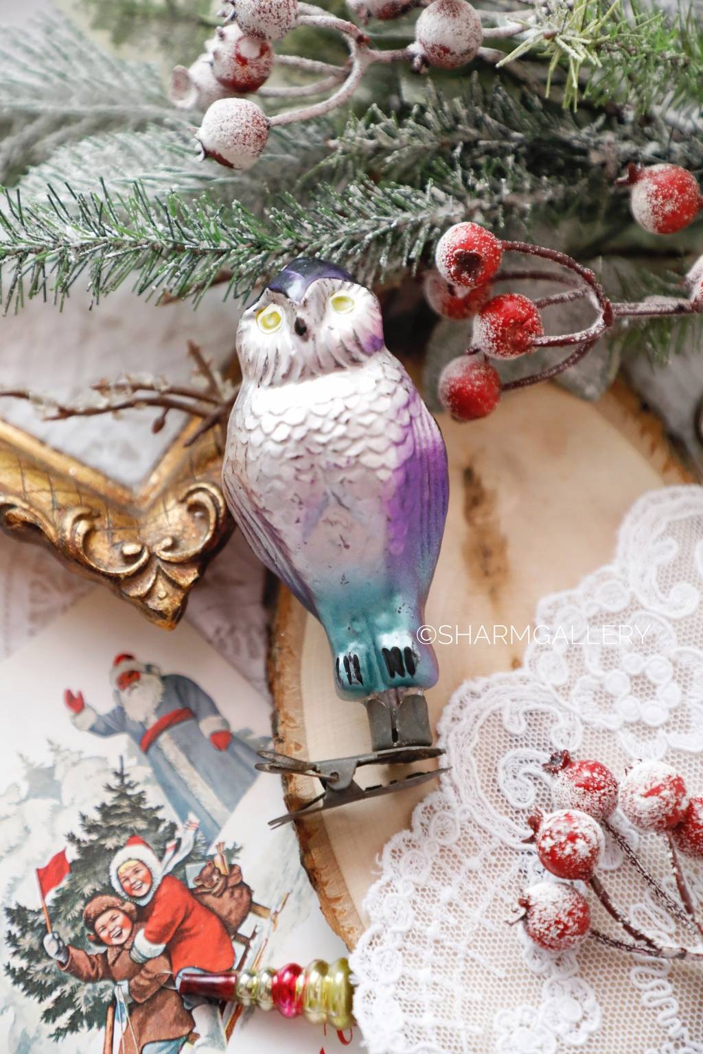 Елочная игрушка "Сова" №3, стекло на прищепке, СССР.