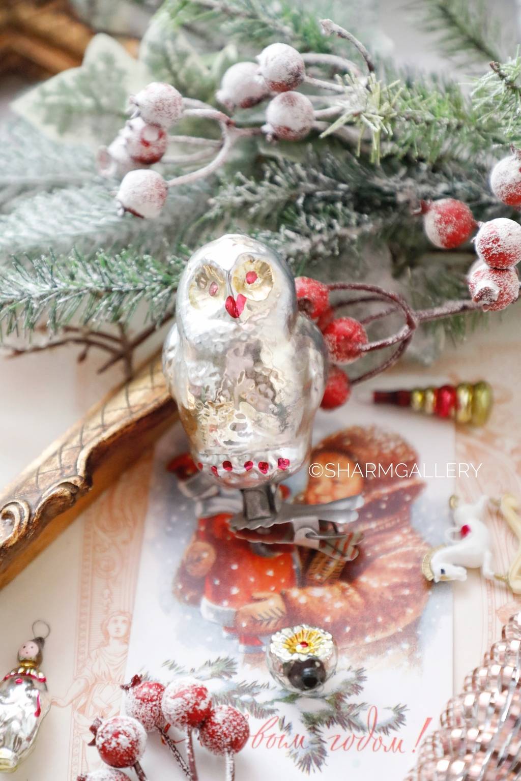 Елочная игрушка "Сова" №7, стекло на прищепке, СССР.