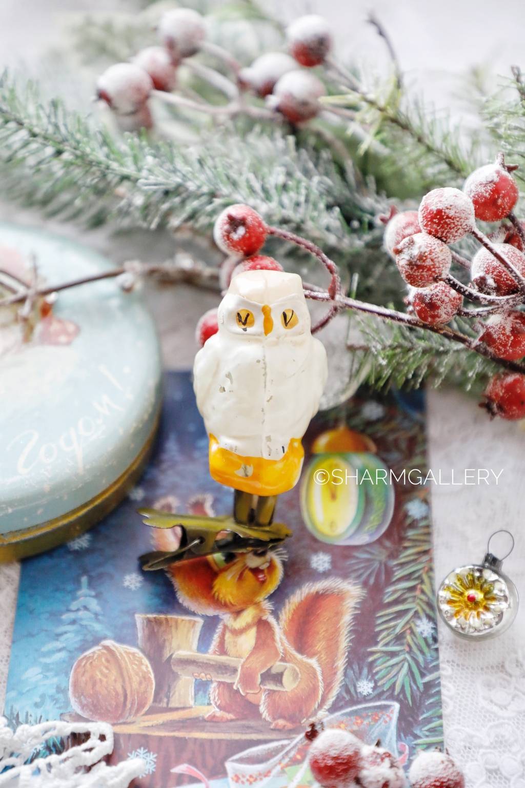 Елочная игрушка "Сова" №6, стекло на прищепке, СССР.