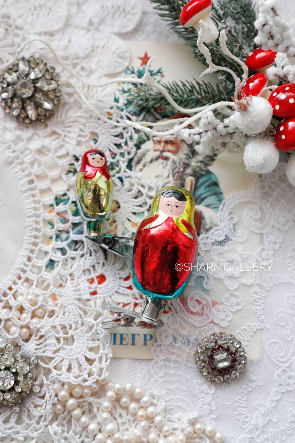 Набор Матрешки. №18. Елочная игрушка, стекло на прищепке. СССР.