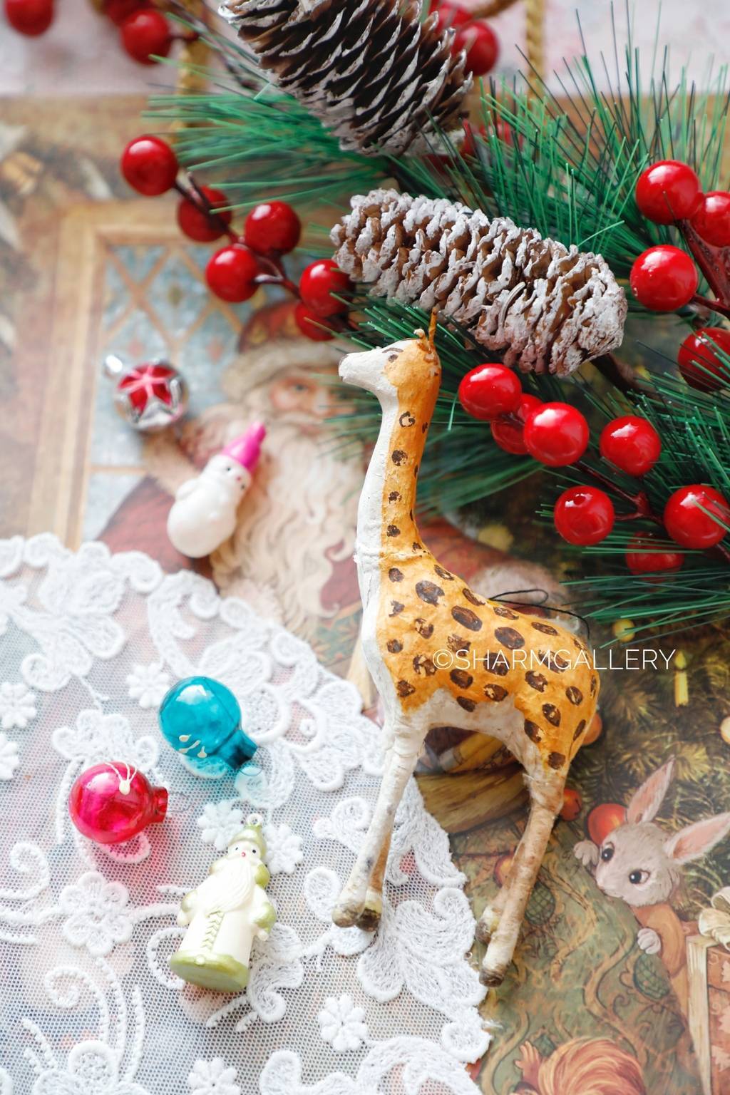 Антикварная елочная игрушка из ваты "Жираф". СССР