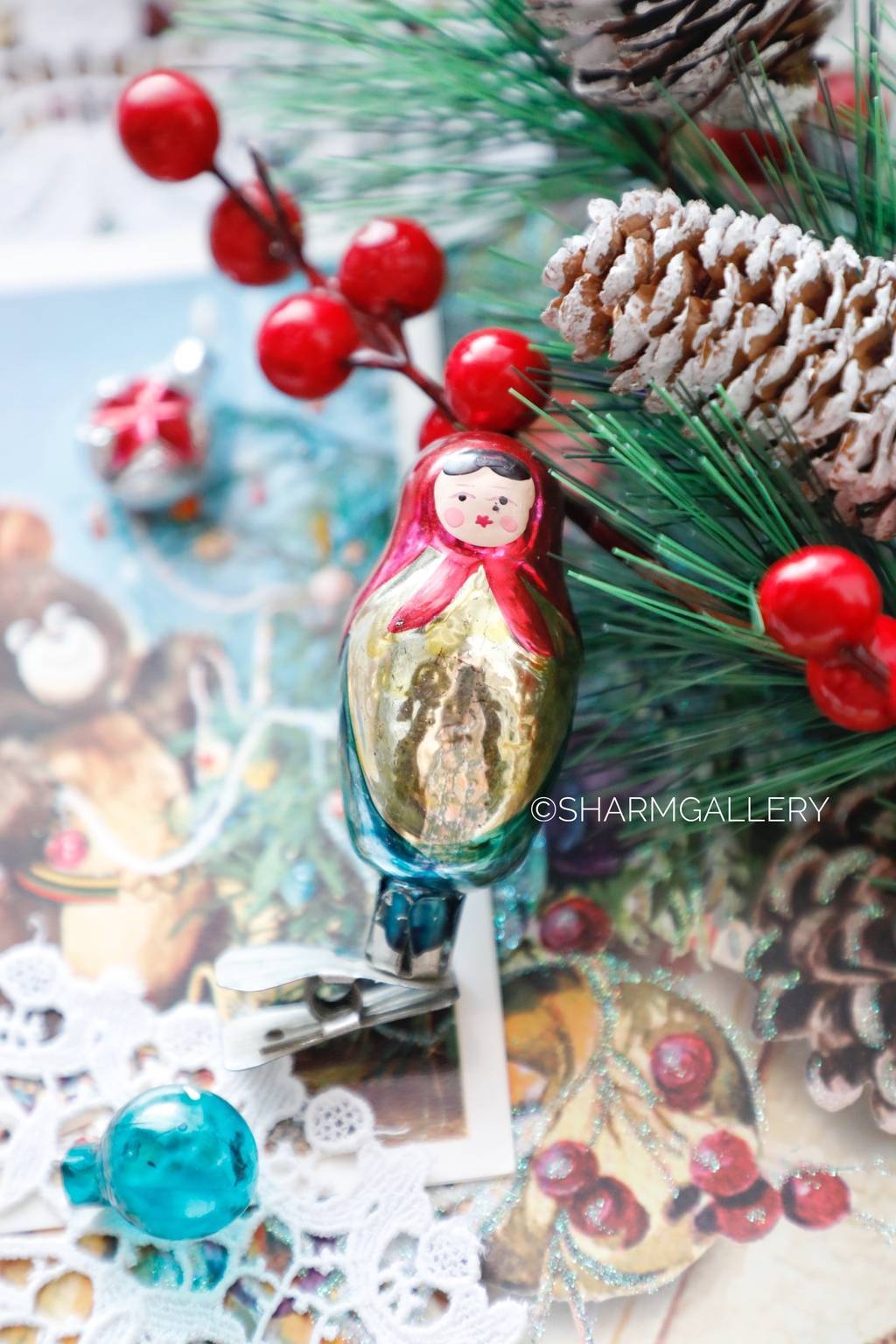 Матрешка. №19. Елочная игрушка, стекло на прищепке. СССР.