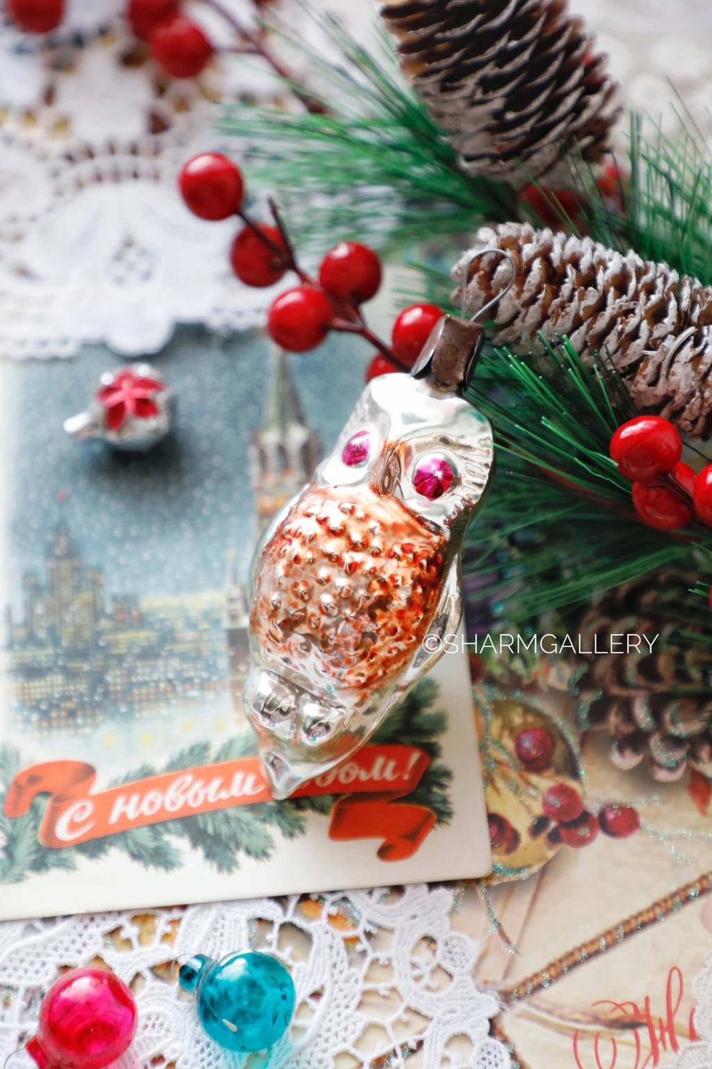 Елочная игрушка "Сова" №18, стекло, СССР.