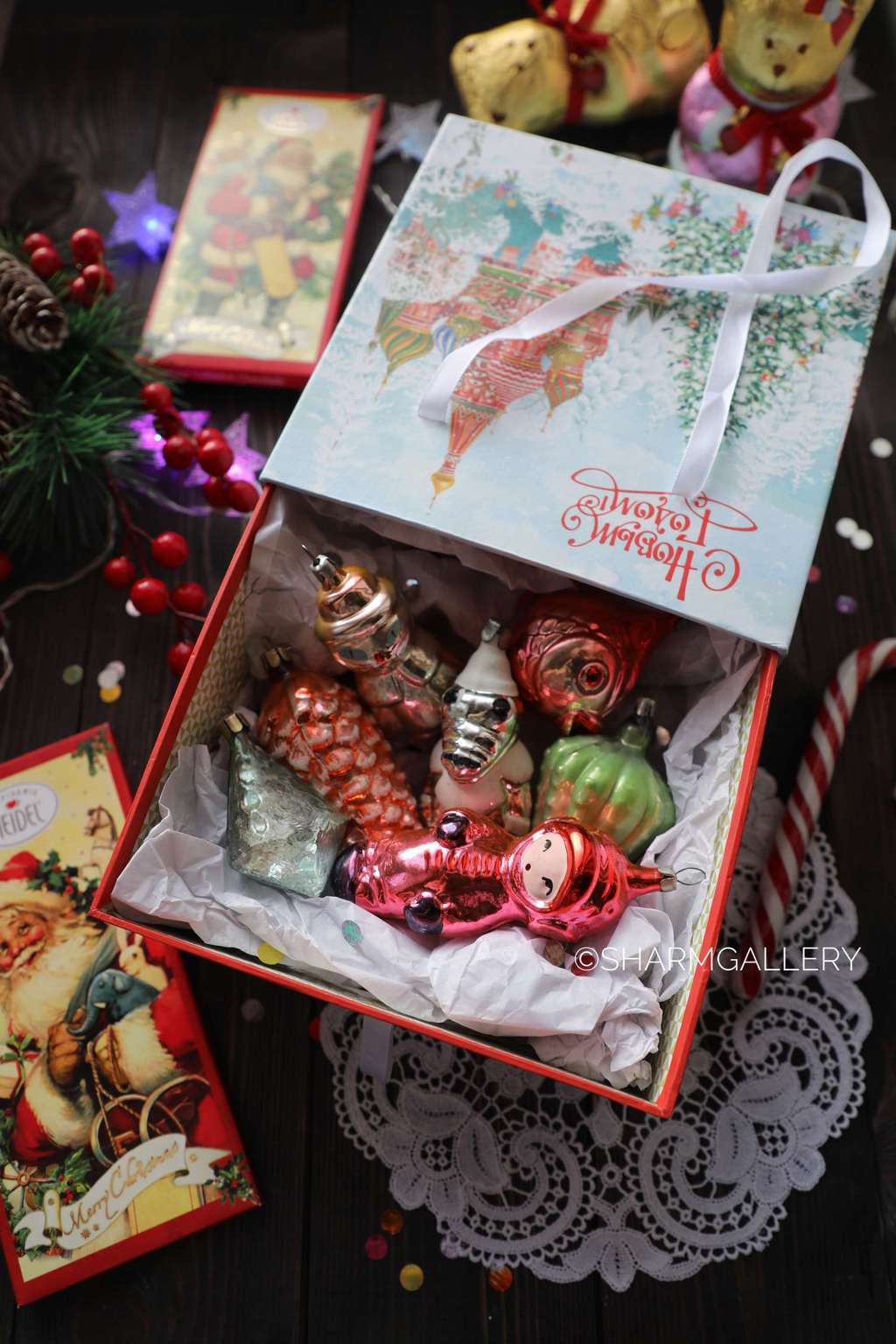 Набор винтажных елочных игрушек "Москва", 7шт., стекло, СССР.