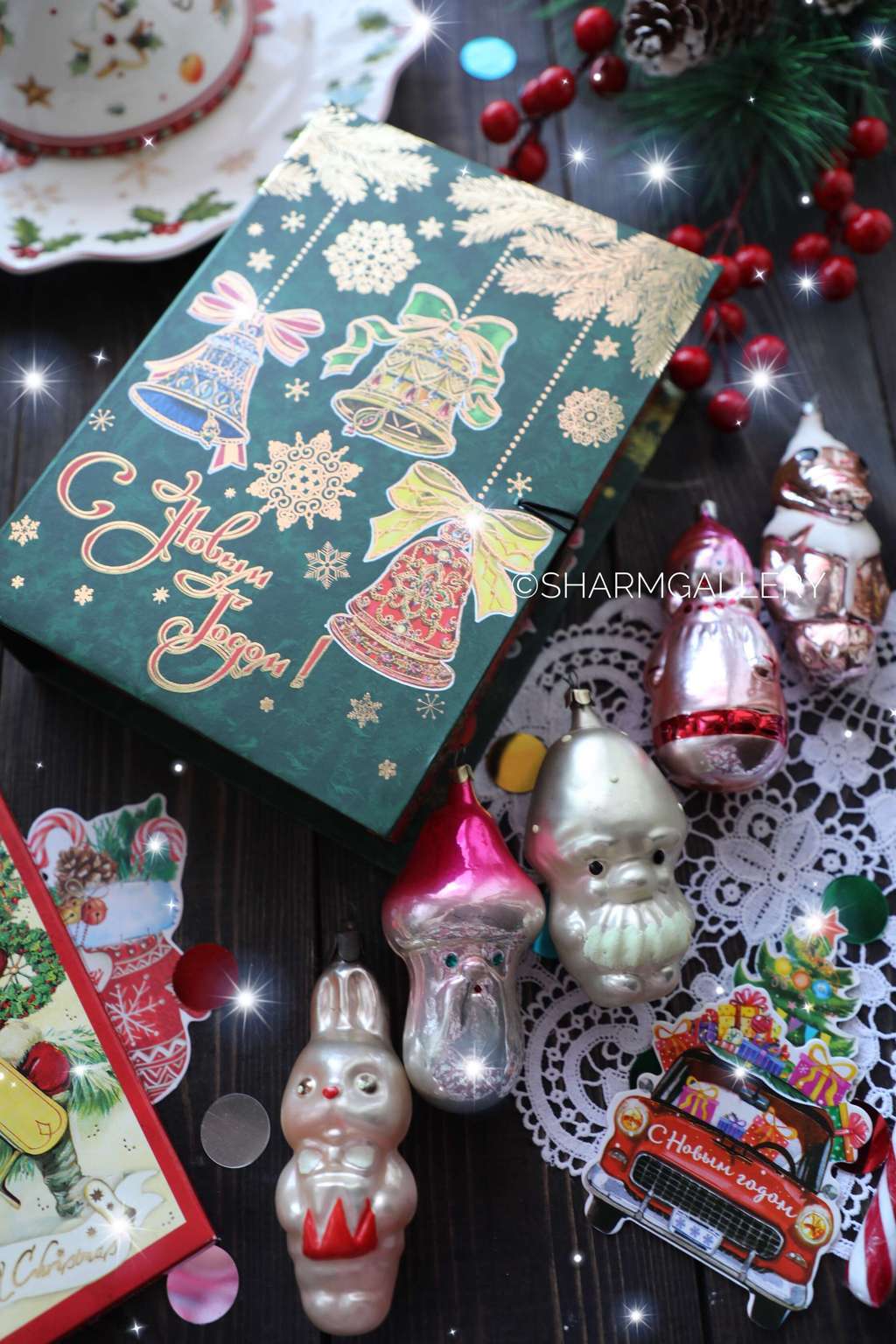 Подарочный набор №6 винтажных елочных игрушек "С Новым Годом", 6шт., СССР.
