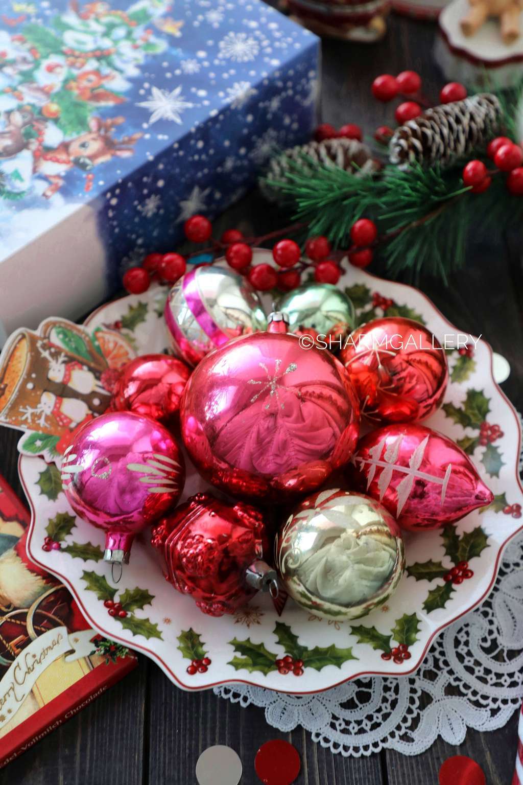 Подарочный набор №9 винтажных елочных игрушек "С Новым Годом", 9шт., СССР.