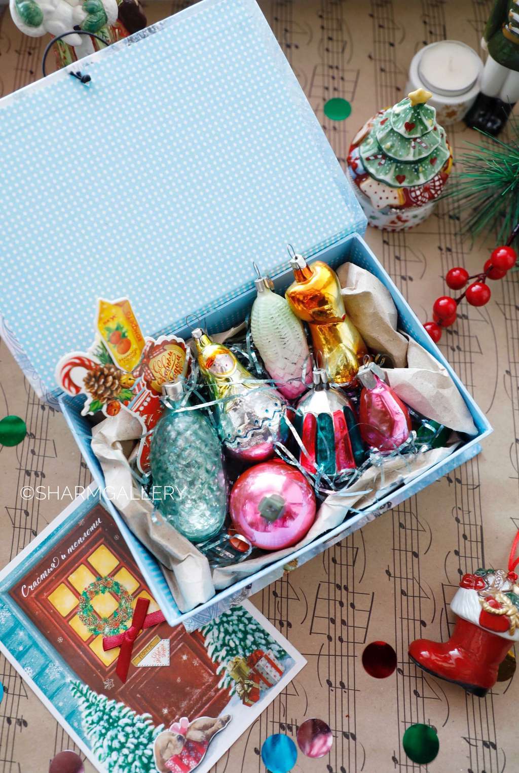 Подарочный набор №5 винтажных елочных игрушек "С Новым Годом", 7шт., СССР.