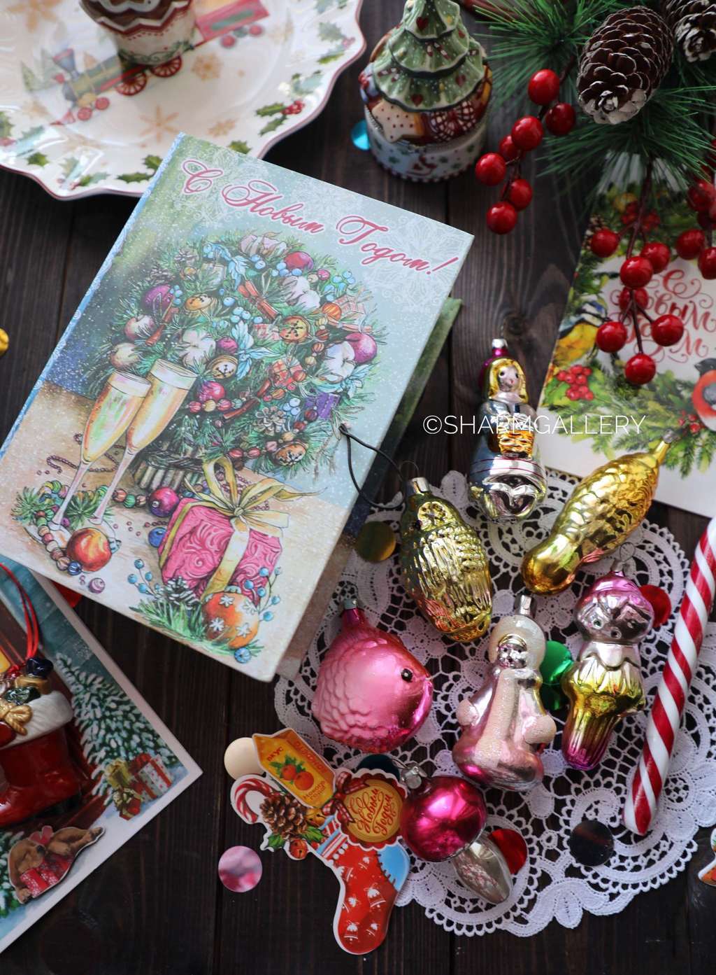 Подарочный набор №7 винтажных елочных игрушек "С Новым Годом", 7шт., СССР.