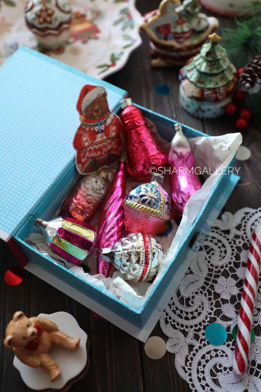 Подарочный набор №10 винтажных елочных игрушек "С Новым Годом", 7шт., СССР.