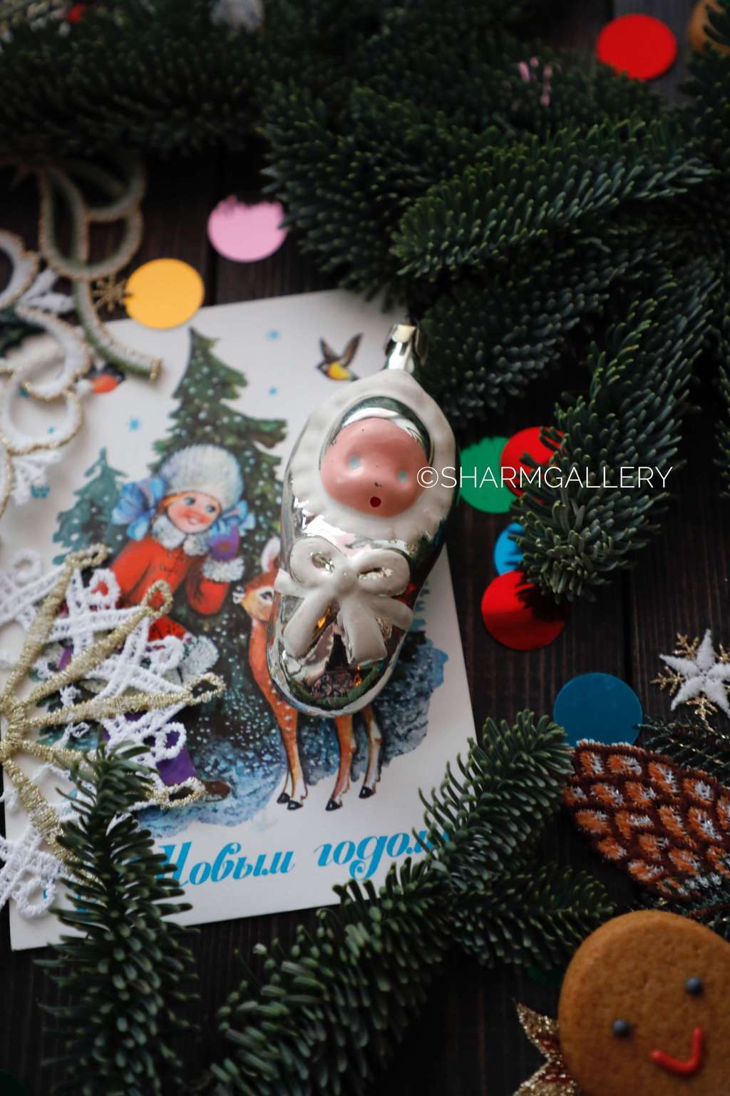 Младенец №11. (золотой) Винтажная елочная игрушка, стекло СССР.