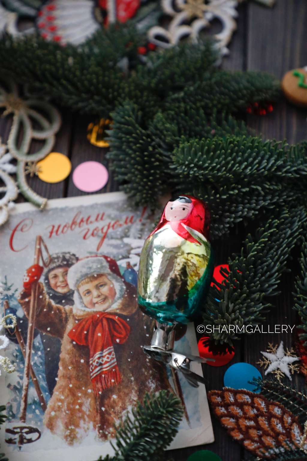 Матрешка. №20. Елочная игрушка, стекло на прищепке. СССР.