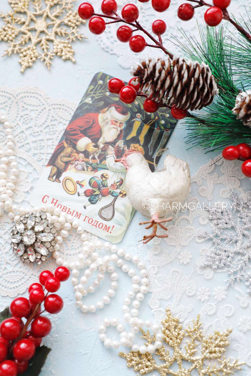 Антикварная елочная игрушка из ваты "Курица". СССР