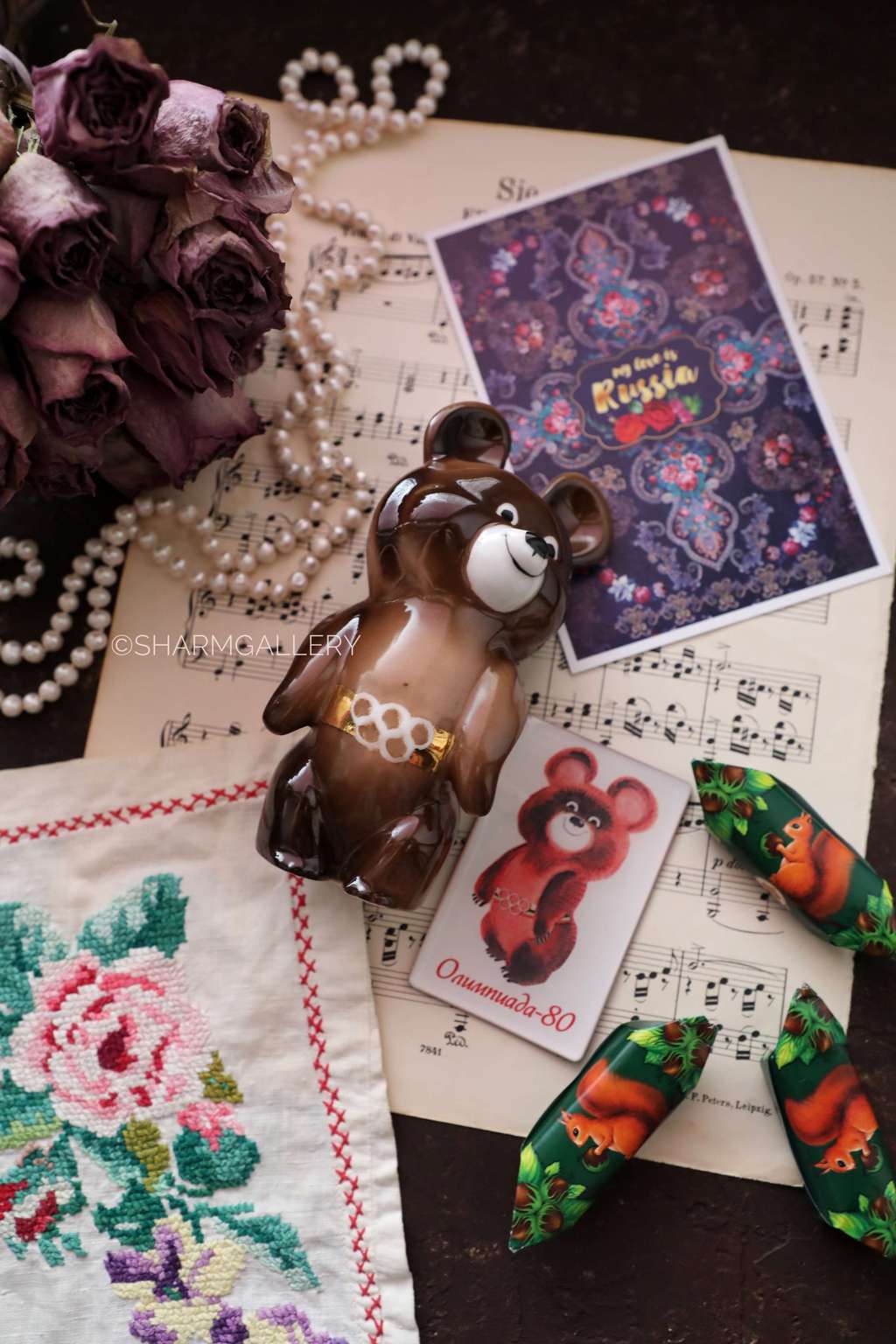 Набор №8 "Олимпиада 80". Олимпийский мишка Дулево СССР, магнит, открытка.