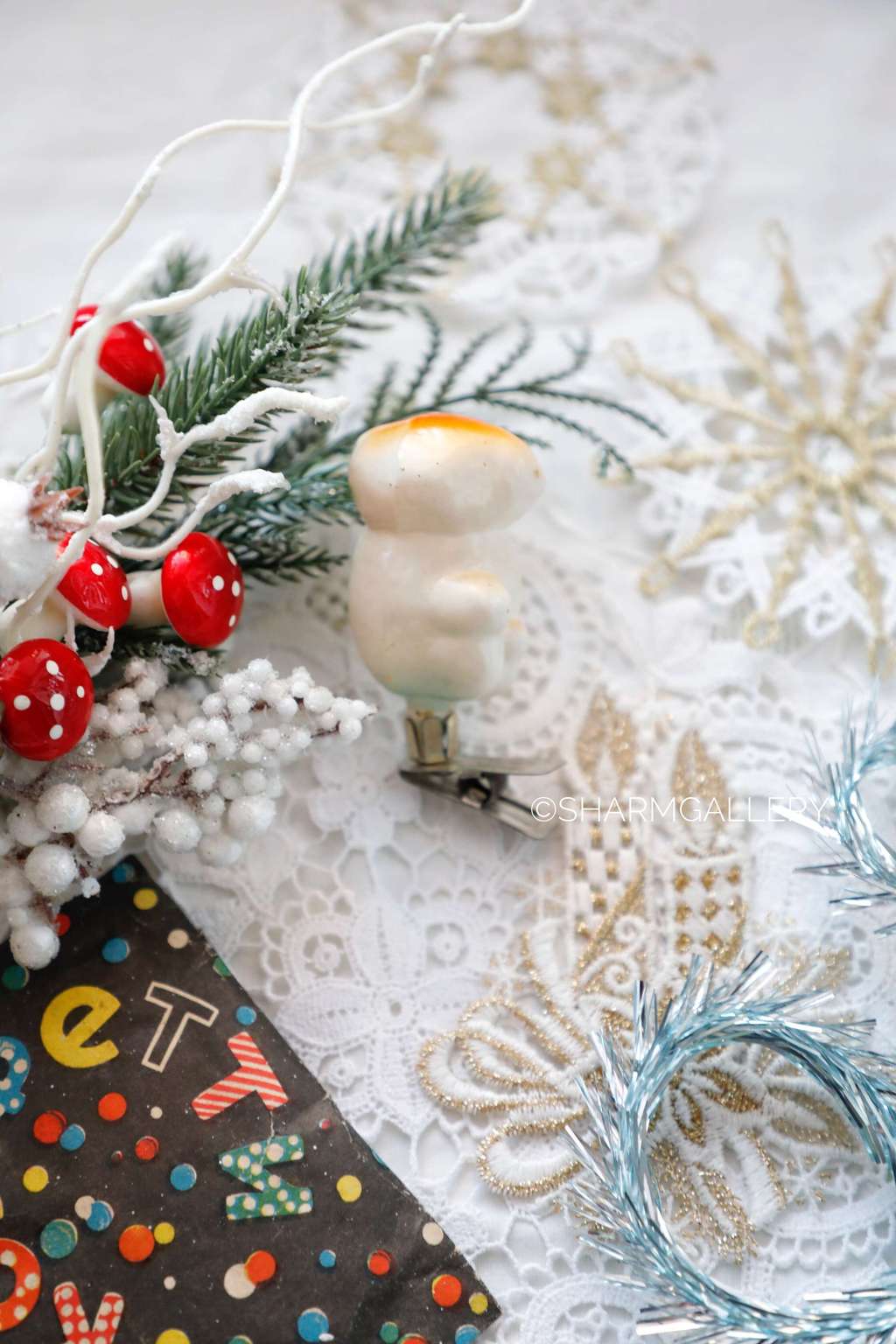 Грибочки. №6.  Винтажная елочная игрушка, стекло на прищепке. СССР.