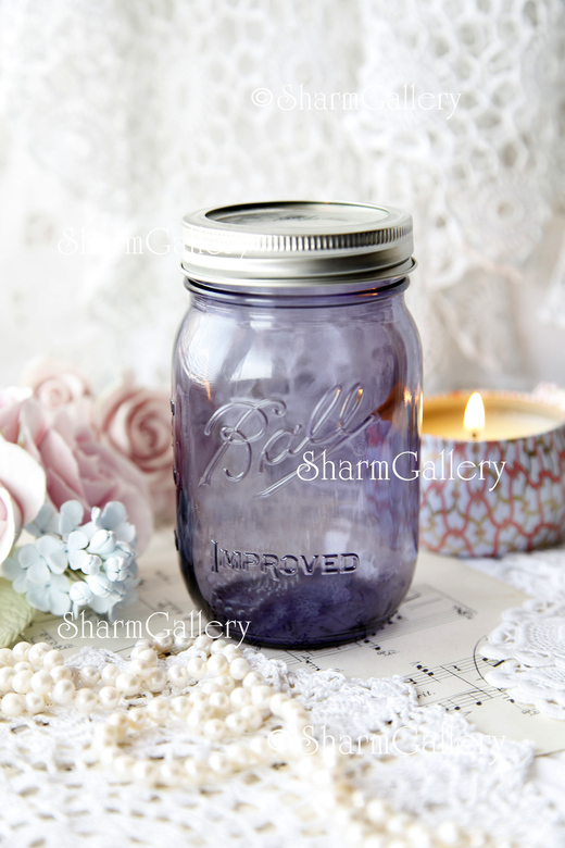 Банка "Ball" от Mason, США. Фиолетовая + крышка - ромашка