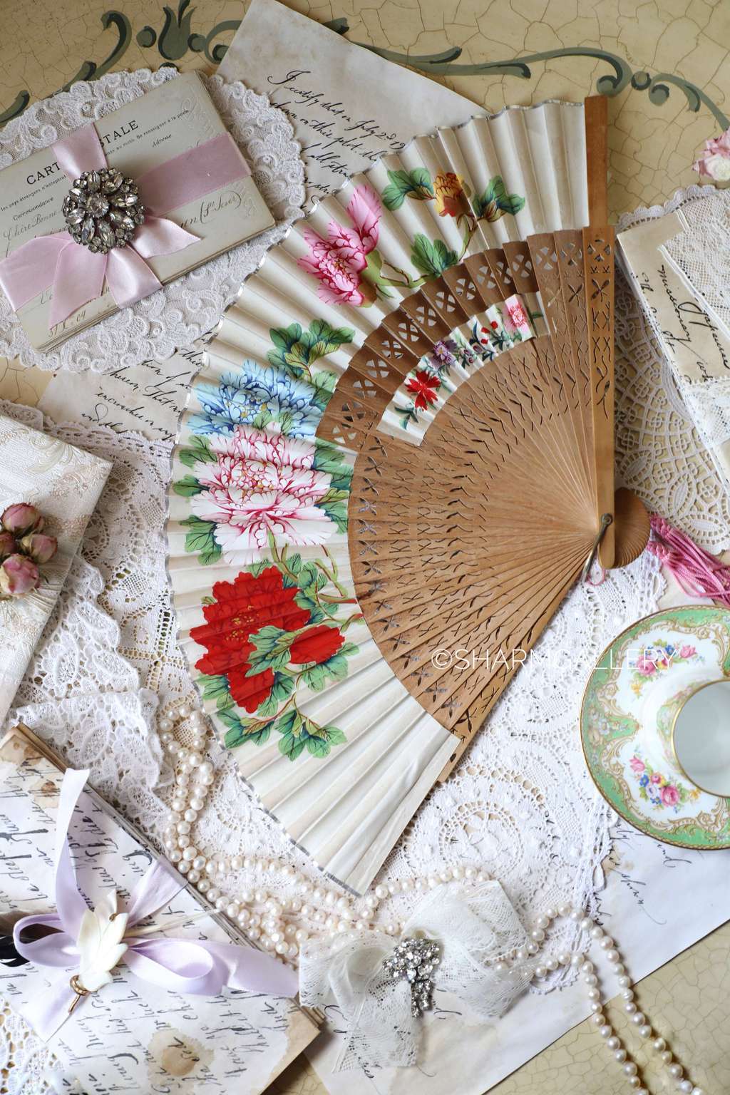 Винтажный веер Китай, дерево роспись. №7.