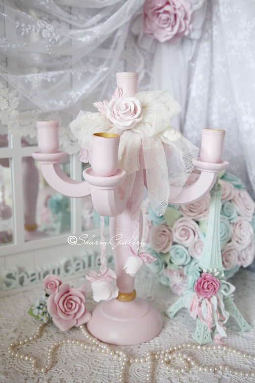 "Shabby pink Rose". Канделябр на 5 свечей, деревянный.