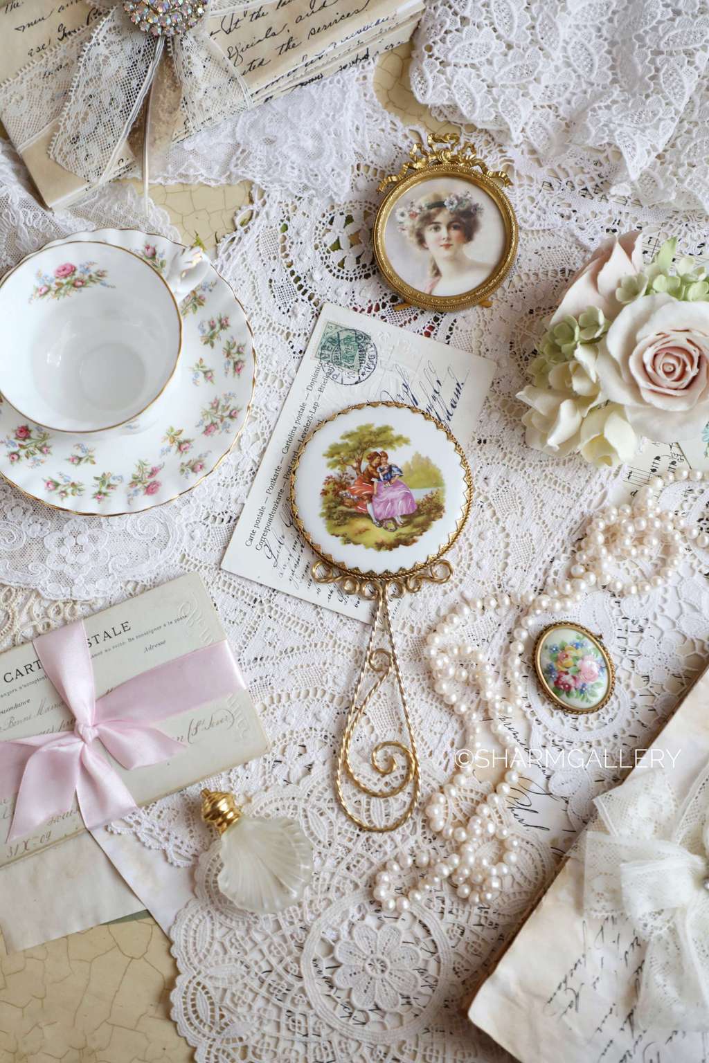 Винтажное зеркало. Фрагонар, фарфор Limoges (Лимож) Франция.