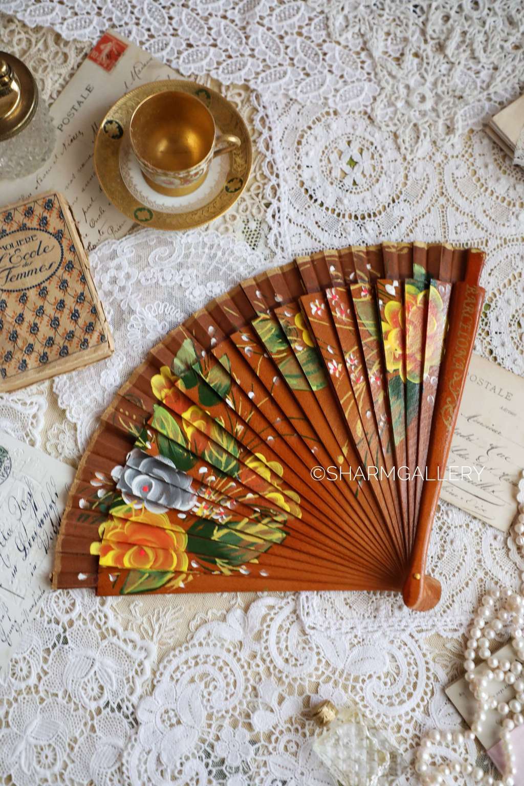 Веер №16 деревянный с росписью, коричневый. Испания, Винтаж.