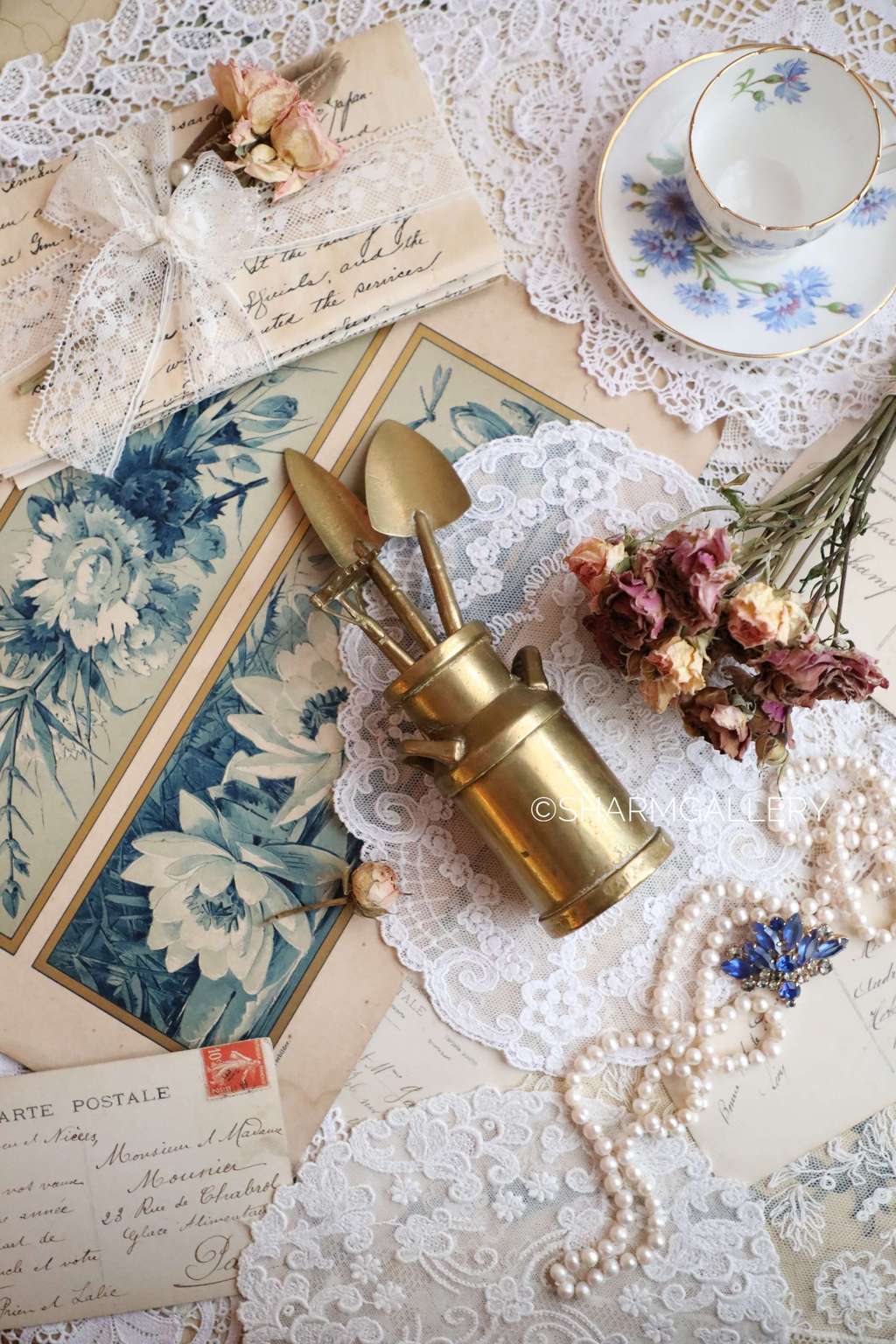 Набор для растений, бидон, совок, лопата и грабли. Латунь, Германия.