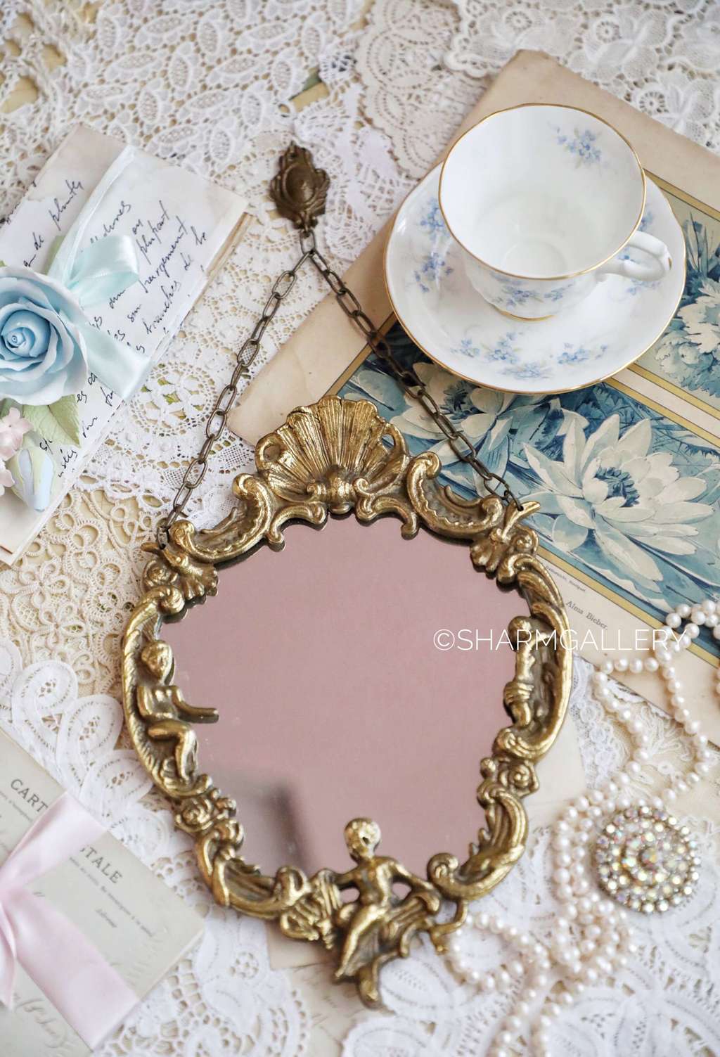 Винтажное настенное зеркало «Путти», бронза, Бельгия.