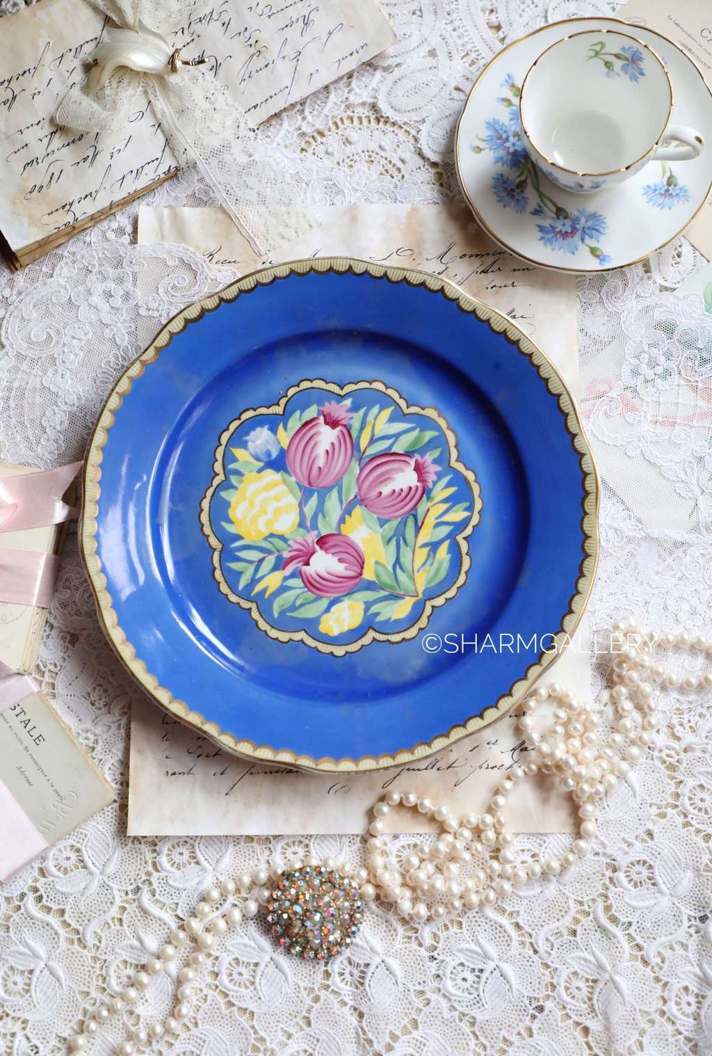 Тарелка роспись «Красавица», синяя, 1950-60гг.! Фарфор Дулево, СССР. (дефект)