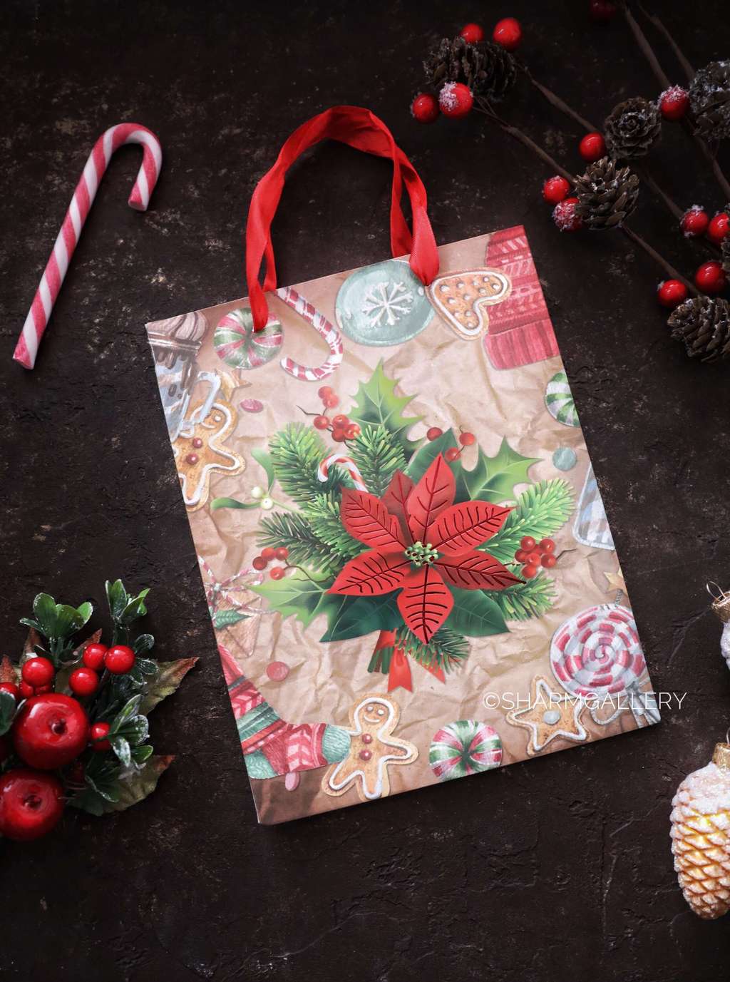 Пакет подарочный новогодний «Пуансеттия», 23см.