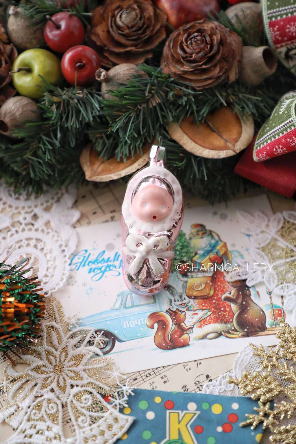 Младенец №16 (розовый) Винтажная елочная игрушка, стекло СССР.