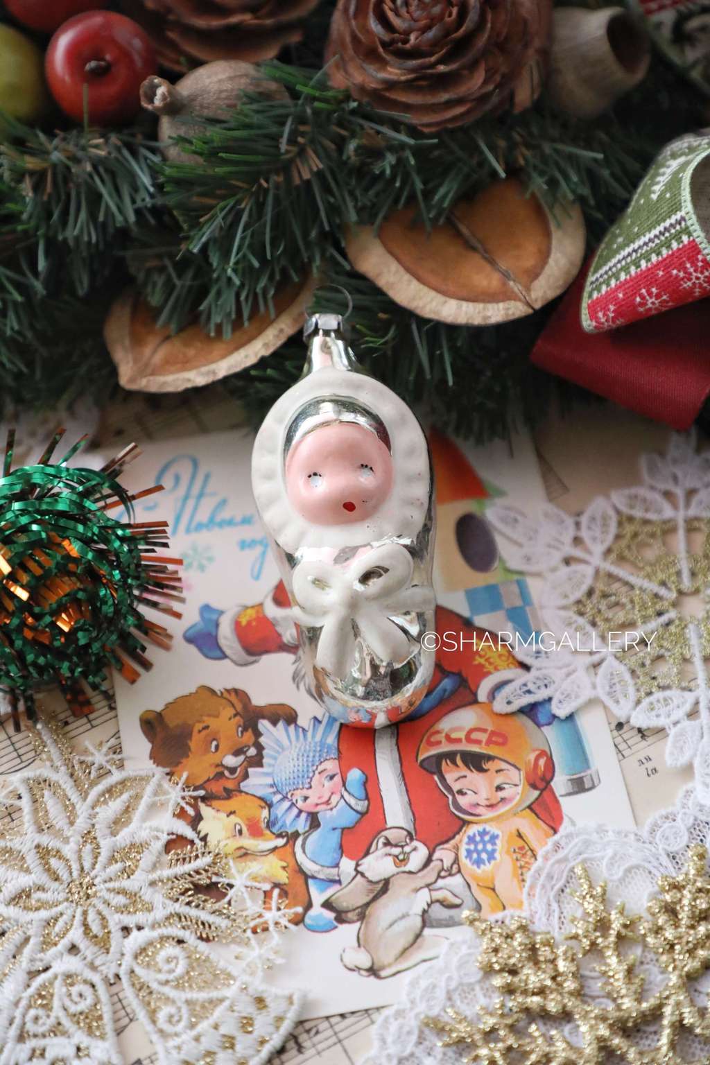 Младенец №17 (золотой) Винтажная елочная игрушка, стекло СССР.