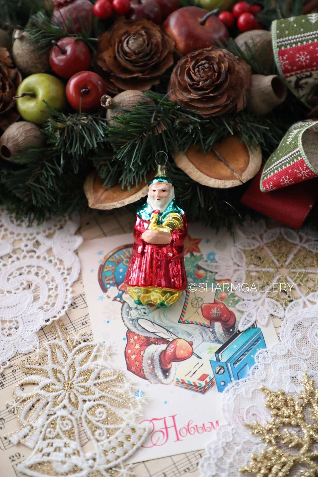 "Царь Дадон с петушком" №3. Антикварная елочная игрушка, стекло. СССР.