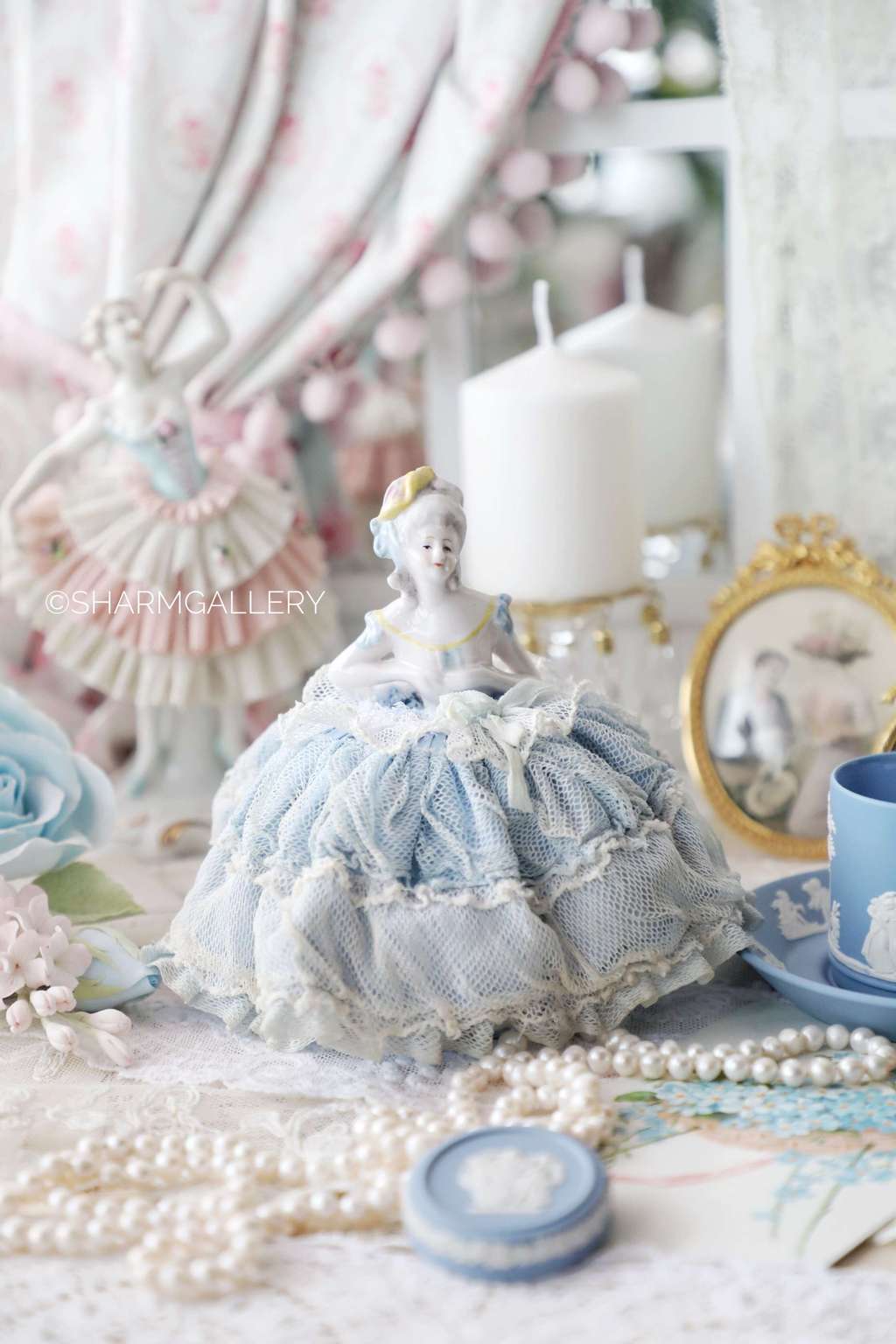 Дама Half doll в голубом, антикварная игольница. Фарфор, Германия.