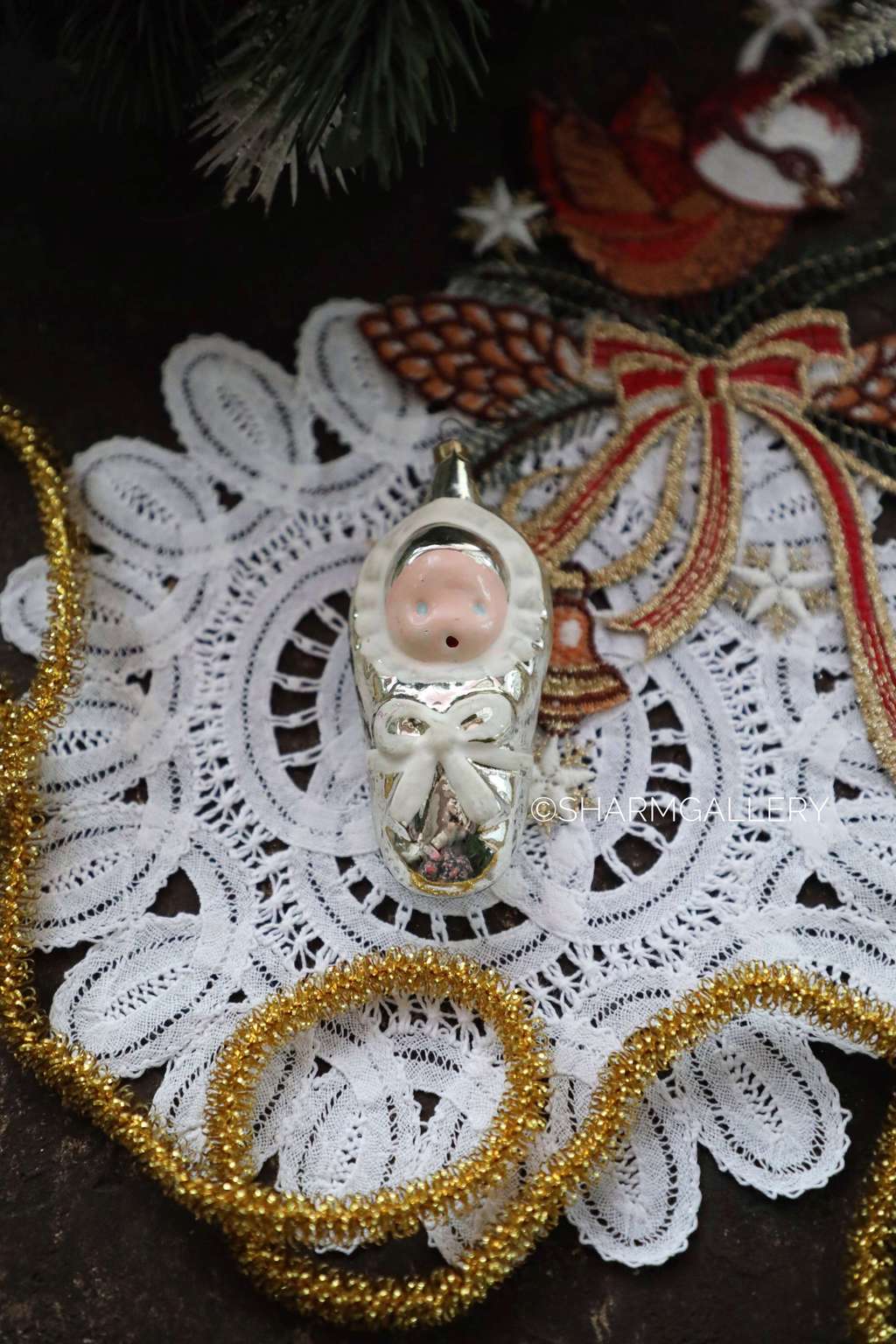 Младенец №18 (золотой) Винтажная елочная игрушка, стекло СССР.