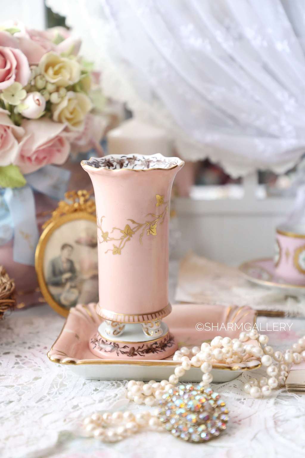 Антикварный набор вазочка и розетка, роспись, фарфор Германия 1940гг.