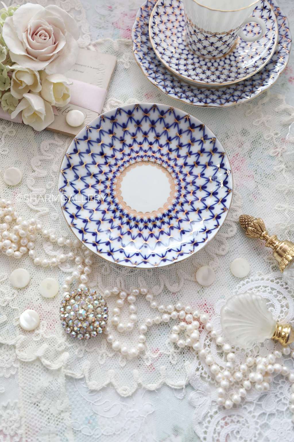 Чайное блюдце кобальтовая сетка. Фарфор, ЛФЗ.