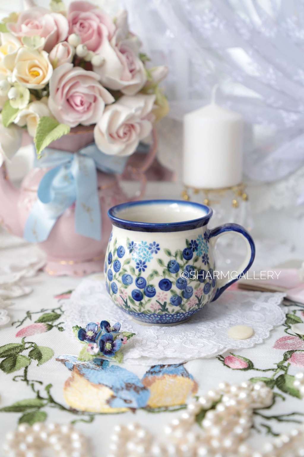 Кружка бочонок "Голубика", роспись, Болеславская керамика. Польша. Винтаж.