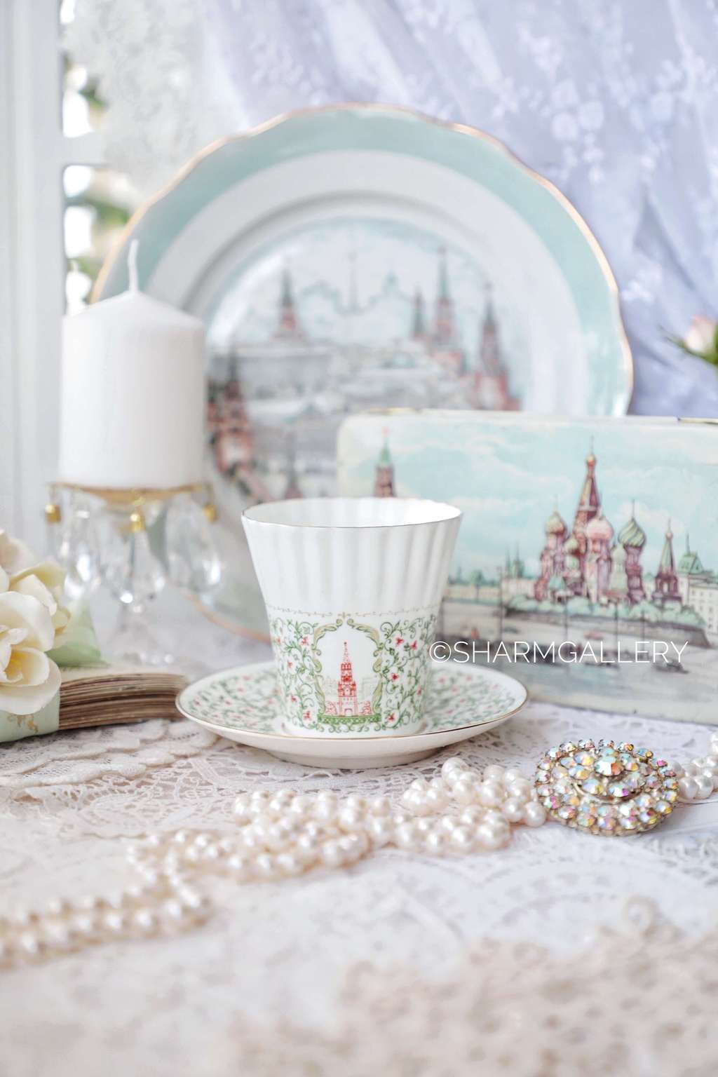 Кофейная пара "Спасская башня". Редкая!! Костяной фарфор, ЛФЗ, СССР.