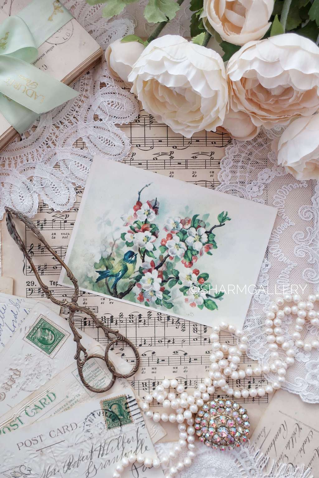 Винтажная открытка Синица на яблоне №20. Европа, чистая.