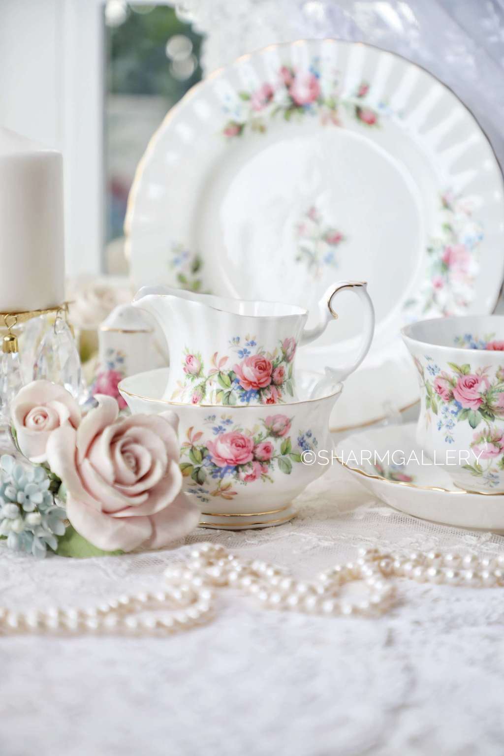 Набор сливочник и сахарница Moss Rose Мускусная Роза, фарфор Royal Albert Англия 1970гг.